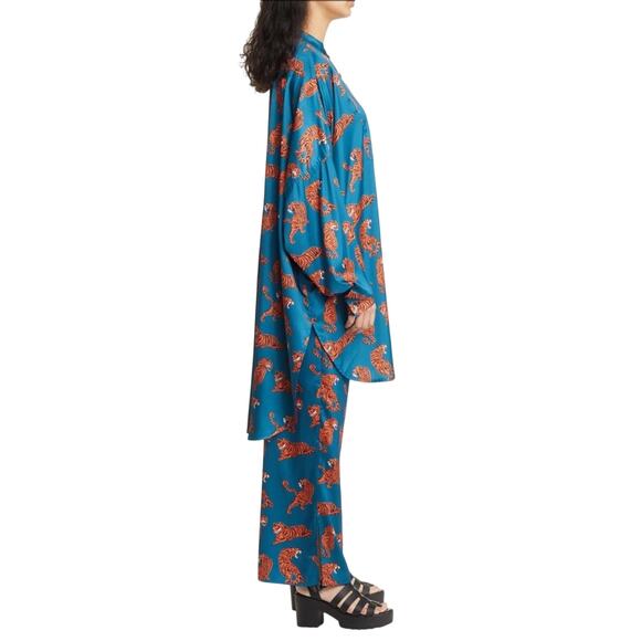 DRESSED IN LALA Tiger Oversized Button-Up Satin Shirt Size Small - Picture 3 of 16